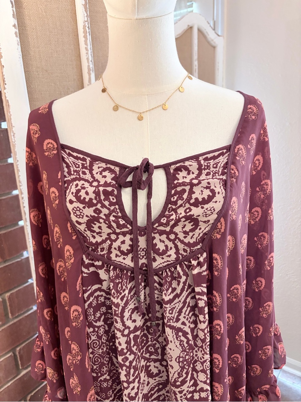Free People Plum Mixed Print Boho Kimono Sleeve Mini Dress S/P